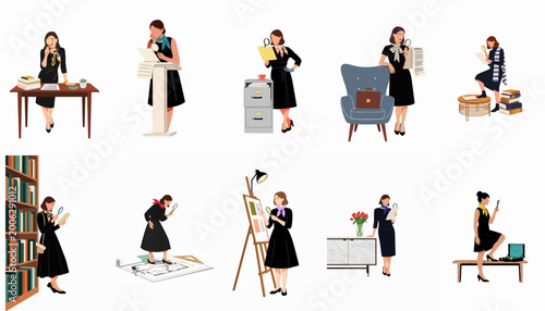 Φωτογραφία Illustrations of professional women using magnifying glasses for detailed inspection of documents, books, and architectural plans in various workplace environments