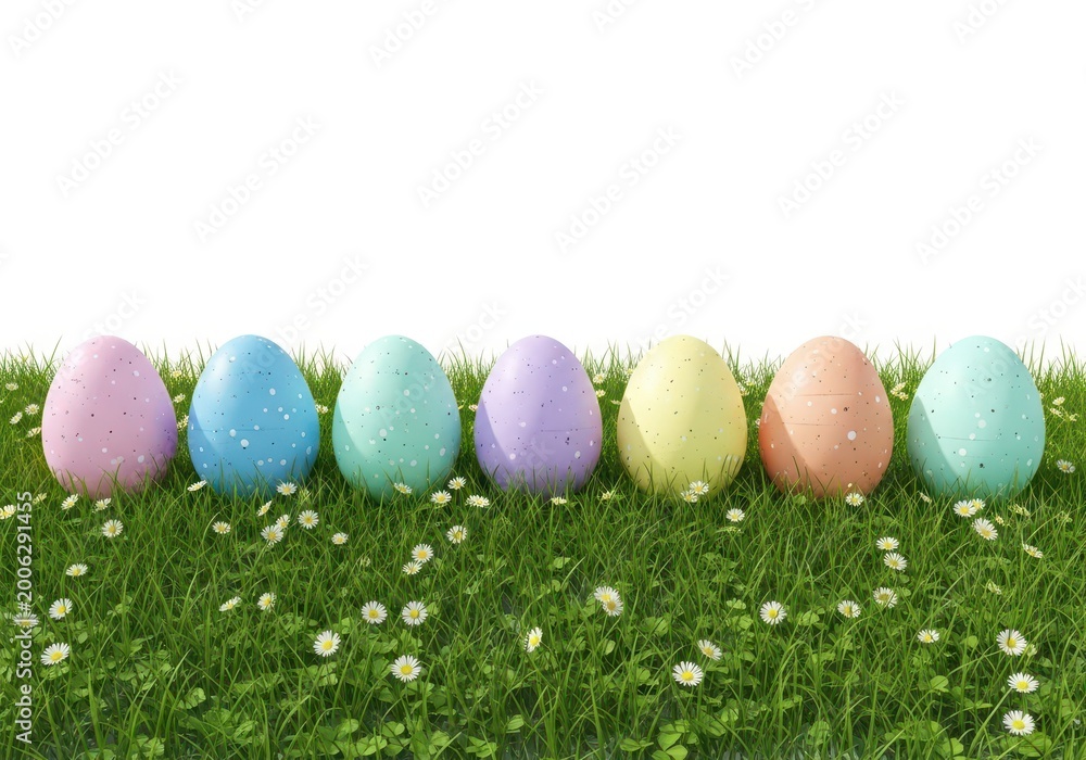 Fototapeta premium Colorful easter eggs in a grassy field with flowers