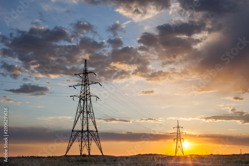 Photography Solar power plant at sunset. Industrial landscape