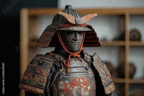 Traditional Japanese Samurai Warrior in Full Armor with Katana and Kabuto Helmet