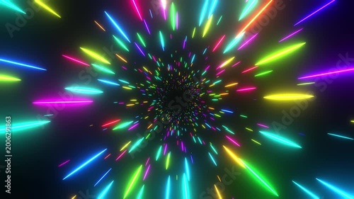 Space speed background animation with neon laser beams on black, 3D abstract science fiction hyperspeed background, 4k computer graphics animation.