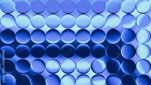 Abstract blue background with shiny, illuminated glass spheres, 4K computer graphic animation.