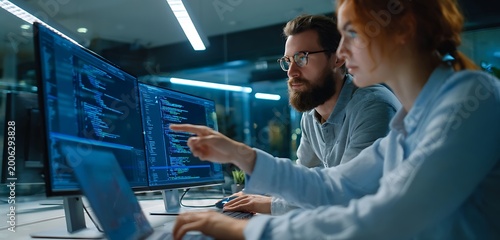 Two colleagues collaborate on a computing task, pointing at code displayed on multiple computer monitors in a modern office environment