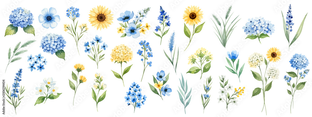 Obraz premium 青系の花と草花の水彩風セット素材イラスト｜ボタニカル・ナチュラルフラワーコレクション