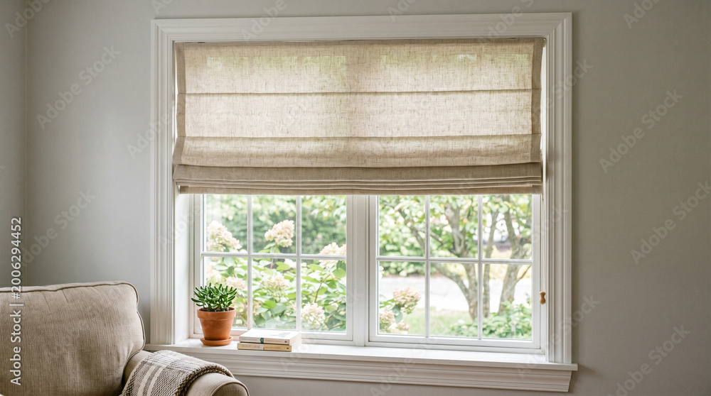 Fototapeta premium A serene window with elegant Roman shades and a view of lush greenery creates a sense of peaceful tranquility, natural light filters through the window, enhancing the calming ambiance.