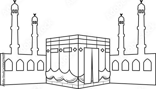kaaba and mosque minarets line art for coloring page