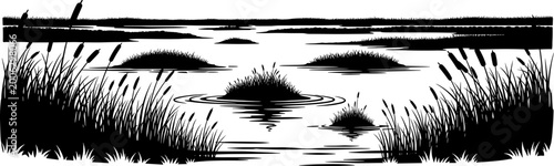 Quiet pond with reeds and grass clusters on the water silhouette
