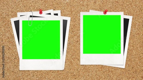Vintage Instant Photo Frames With Green Screen On Corkboard Background