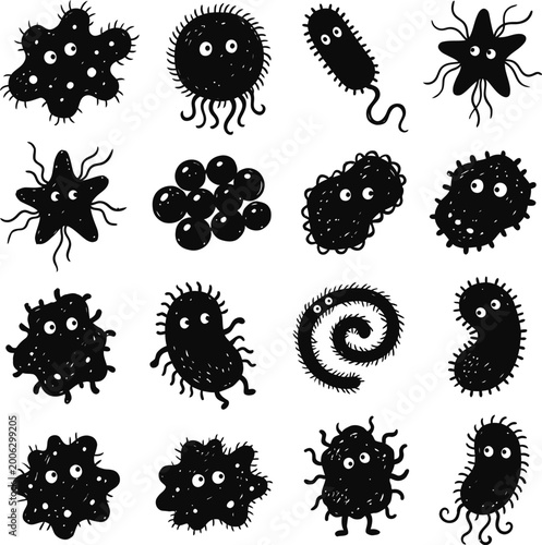 Funky Microbe and Bacteria Silhouette Icon Set Cute Playful Microorganism Character Vector
