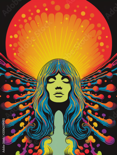 Mystic woman 1970s black light poster trippy psychedelic wall art for meditation room minimalist groovy vibes neon color rave party decor music concert ad background copy space