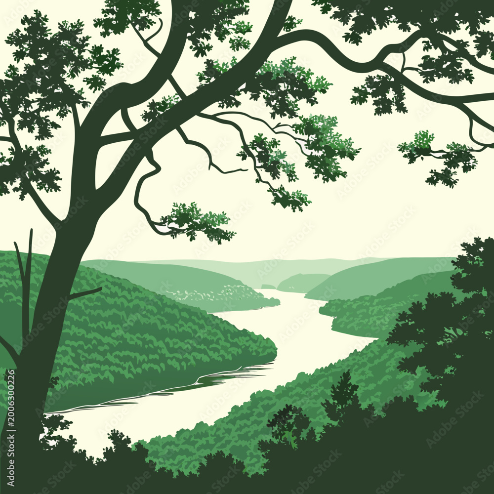 Fototapeta premium A serene green landscape with a river flowing through a valley surrounded by trees and hills