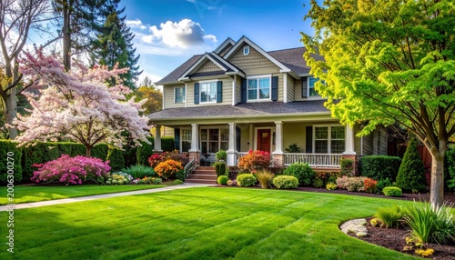 Beautiful house with lush green lawn, colorful flowers, and vibrant trees on a sunny day