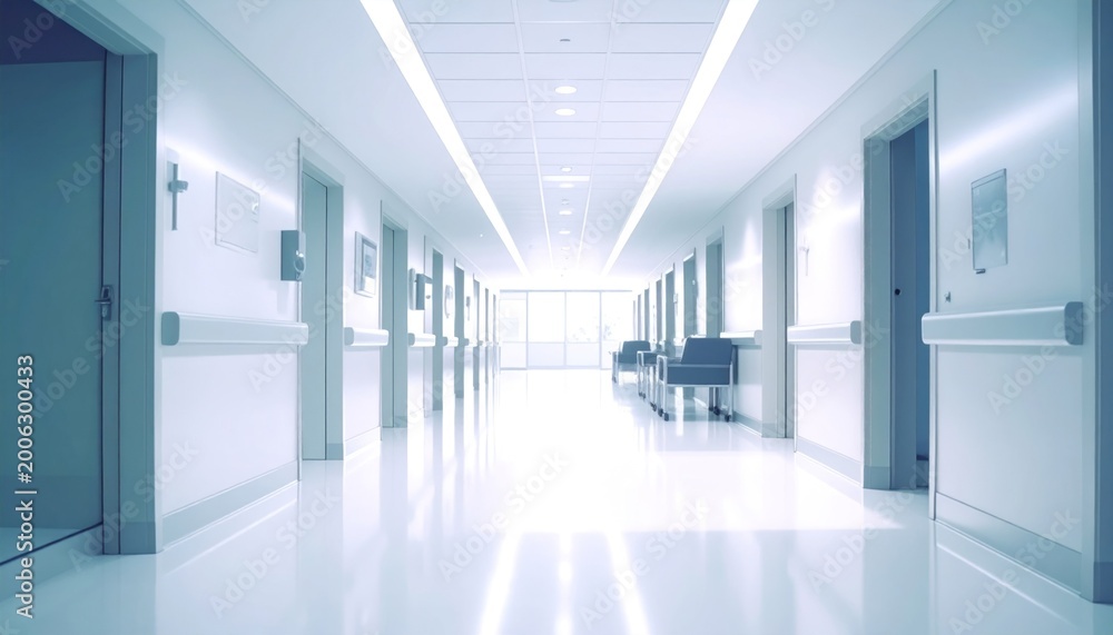 Fototapeta premium Bright, sterile hospital corridor with multiple doors and overhead lighting