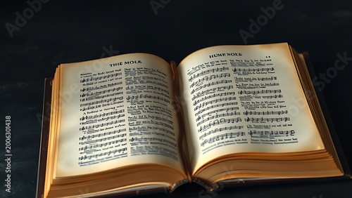 hymnal. Worn leather-bound hymnal with yellowed pages on dark textured background. event programs, museum guides, designed for cultural heritage projects and event programs, supports education.