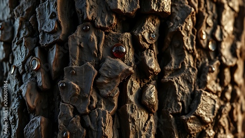 commiphora. Rough tree bark with glistening dark amber resin droplets. gardening catalogs, home-decor guides, designed for gardening and botanical catalogs, used by creative directors.
