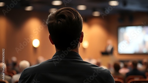 listener. A lone listener in an auditorium, attentively focused under a soft spotlight from above. wellbeing guides, coaching materials, designed for coaching and self-improvement content.
