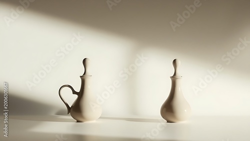 cruets. Silhouette of two slender cruet spouts against a smooth ceramic surface with soft light. bar promotions, beverage menus, designed for product packaging and bar promotions.