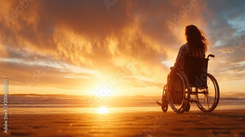 A person in a wheelchair enjoys a breathtaking sunset at the beach, symbolizing resilience and the beauty of life's moments despite challenges faced day by day.