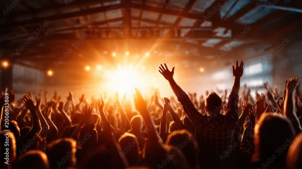 Fototapeta premium A dynamic image of an energized crowd joyfully cheering at a live musical performance, encapsulating the spirit of celebration and shared experiences in vibrant lighting.