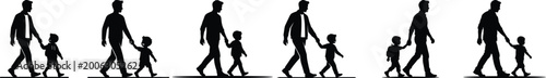 Family silhouette walking together isolated on transparent background