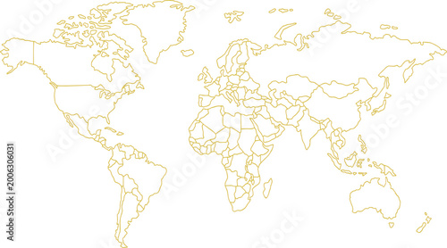 Golden World Map Outline Vector, Global Continents Geography, International Business Travel