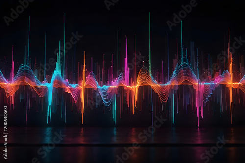 Vibrant multicolored waveform on dark background with glowing lines and pulses