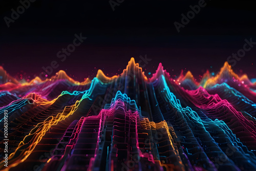 Vibrant neon colored waveform pattern on a dark background with glowing lines and peaks