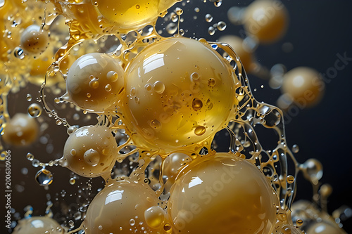 Golden translucent spheres splashing in a dynamic fluid motion with various sized droplets flying through the air