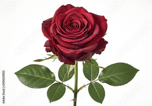 Deep red red day rose in full bloom with green leaves, regal and classic symbol of love.