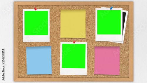 Retro Photo Frames With Green Screen And Sticky Notes On On Bulletin Board