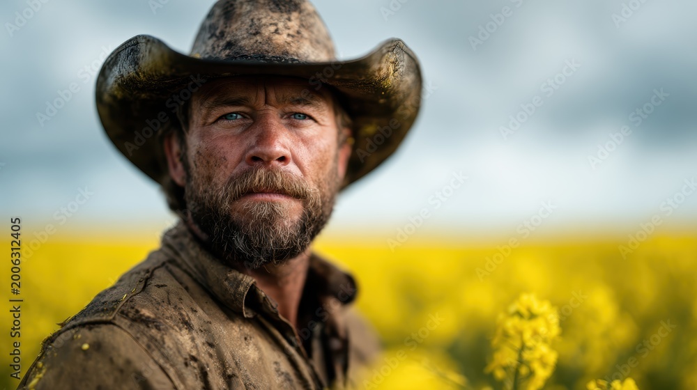 Fototapeta premium A determined farmer stands in a field filled with bright yellow flowers, showcasing a rugged appearance and conveying strength, resilience, and connection to the land and hard work.