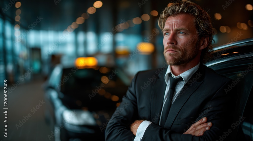 Fototapeta premium A thoughtful businessman in a suit stands confidently near a luxury car in a modern airport terminal, portraying professionalism and determination amidst a busy environment.