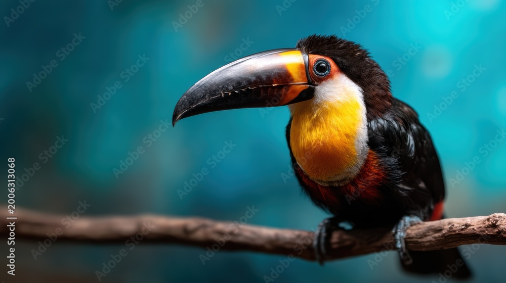 Obraz premium A vibrant toucan with a stunning multicolored beak perches on a branch, showcasing its unique beauty and the rich diversity of wildlife in its natural tropical habitat.
