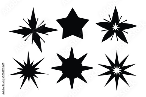 set of bursting star shapes silhouette line art vector illustration