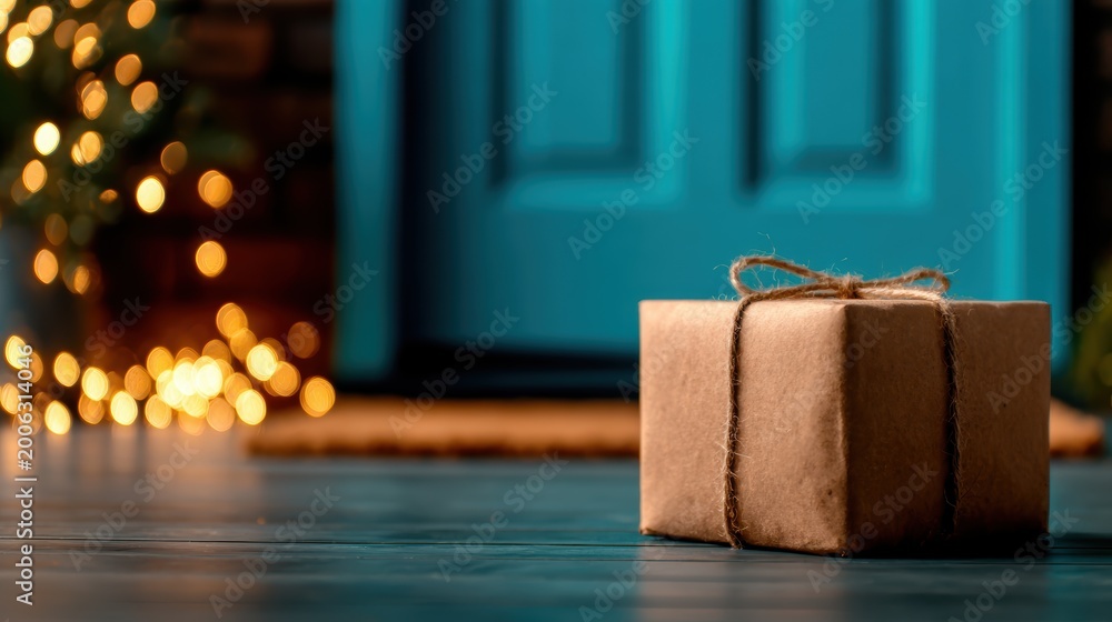 Obraz premium A beautifully wrapped gift box rests on a welcoming doorstep, surrounded by warm holiday lights and the hint of a festive atmosphere, evoking feelings of joy and anticipation.