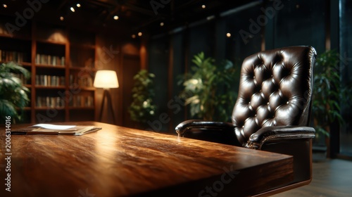 A luxurious brown leather executive chair stands prominently in a sleek modern office, accentuating the ambiance of professionalism, comfort and sophistication in a workspace setting.