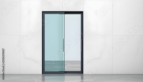 Modern minimalist exterior with large glass sliding door framed in dark metal, set within a smooth white wall. Two glass panels, one slightly open, reveal sleek contemporary design. Reflective polishe