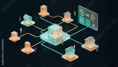 Glass connected smart homes and central building with people 3D illustration, neighborhood community network, residential energy management