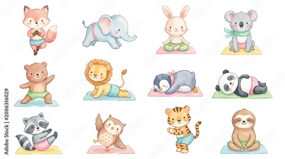 Fototapeta premium Cute baby animals doing yoga poses, watercolor cartoon set with playful characters in pastel style for nursery prints and kids design. Collection of Vector illustrations for invitation, card, poster