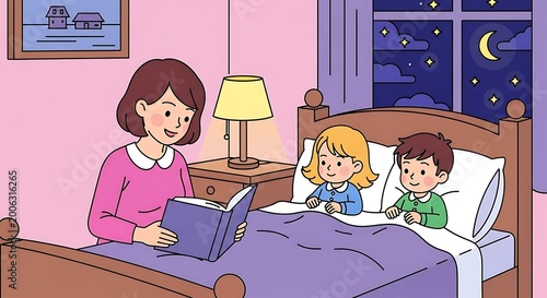 Mother reading a bedtime story to her two children in their bedroom at night