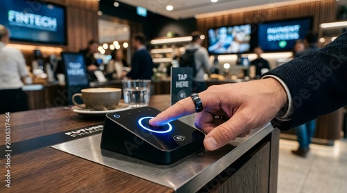 Customer uses contactless payment terminal in a modern fintech retail environment.