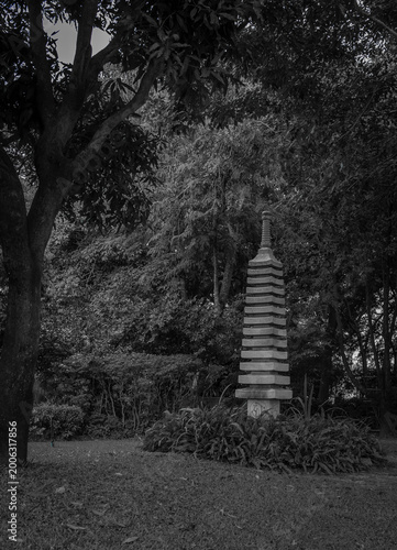 Japanese style garden at Ayutthaya in black and white