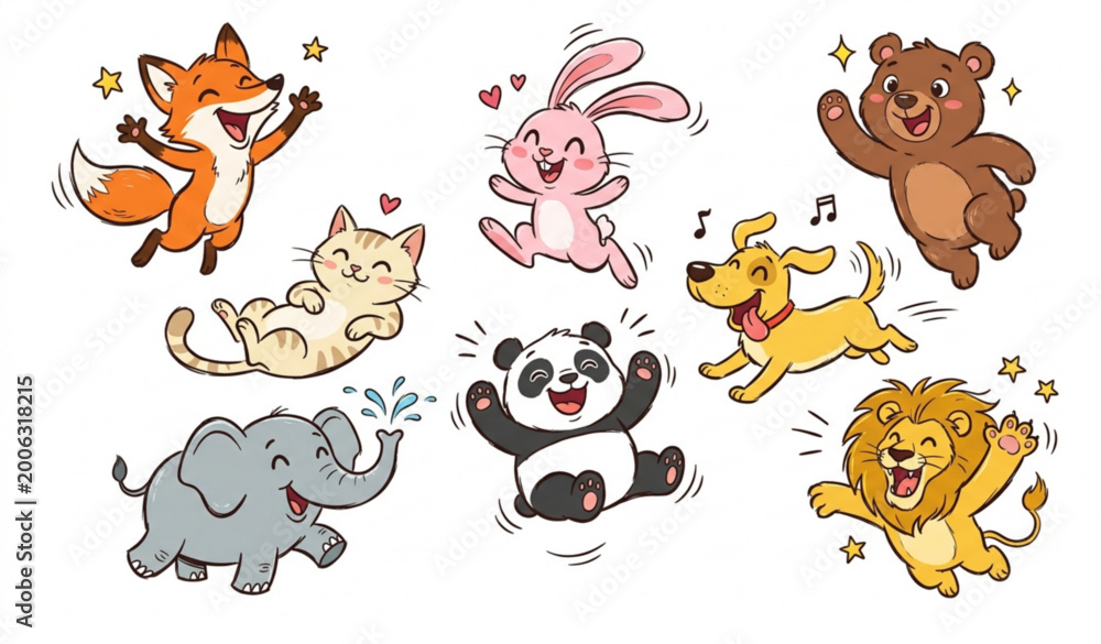 Fototapeta premium Expressive hand drawn cute animal vector set with playful cartoon characters in fun poses isolated on white