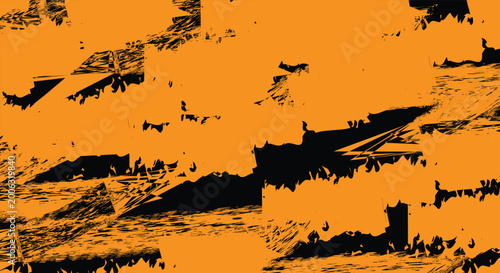 Abstract orange and black textured background with brushstroke and splatter effects