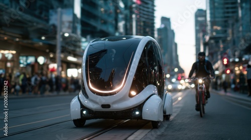 A futuristic vehicle glides quietly through a bustling city, representing innovation in transportation. This image showcases modernity, progress, and the future of urban mobility.