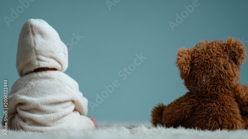 A newborn in a soft robe and a teddy bear sit cozily together, imparting a warm, nurturing feeling of companionship and innocence in a serene environment.