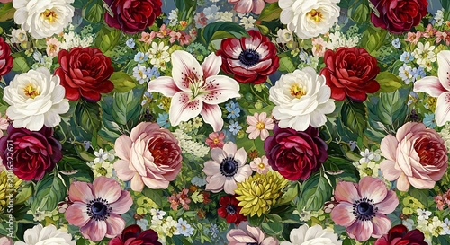 Floral pattern featuring roses lilies and other colorful flowers design