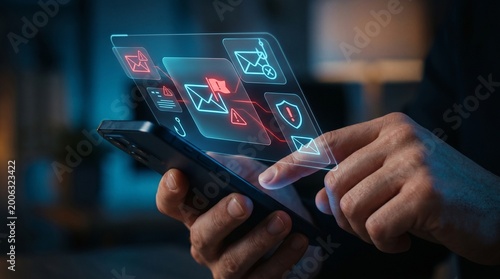 Hand using smartphone with holographic phishing email warning interface, mobile cybersecurity and spam protection concept in dark scene