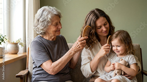 Mother’s Day Generations Bonding Grandmother, Mother and Child Sharing Tender Family Moment at Home