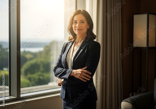 Confident businesswoman posing by window in professional attire